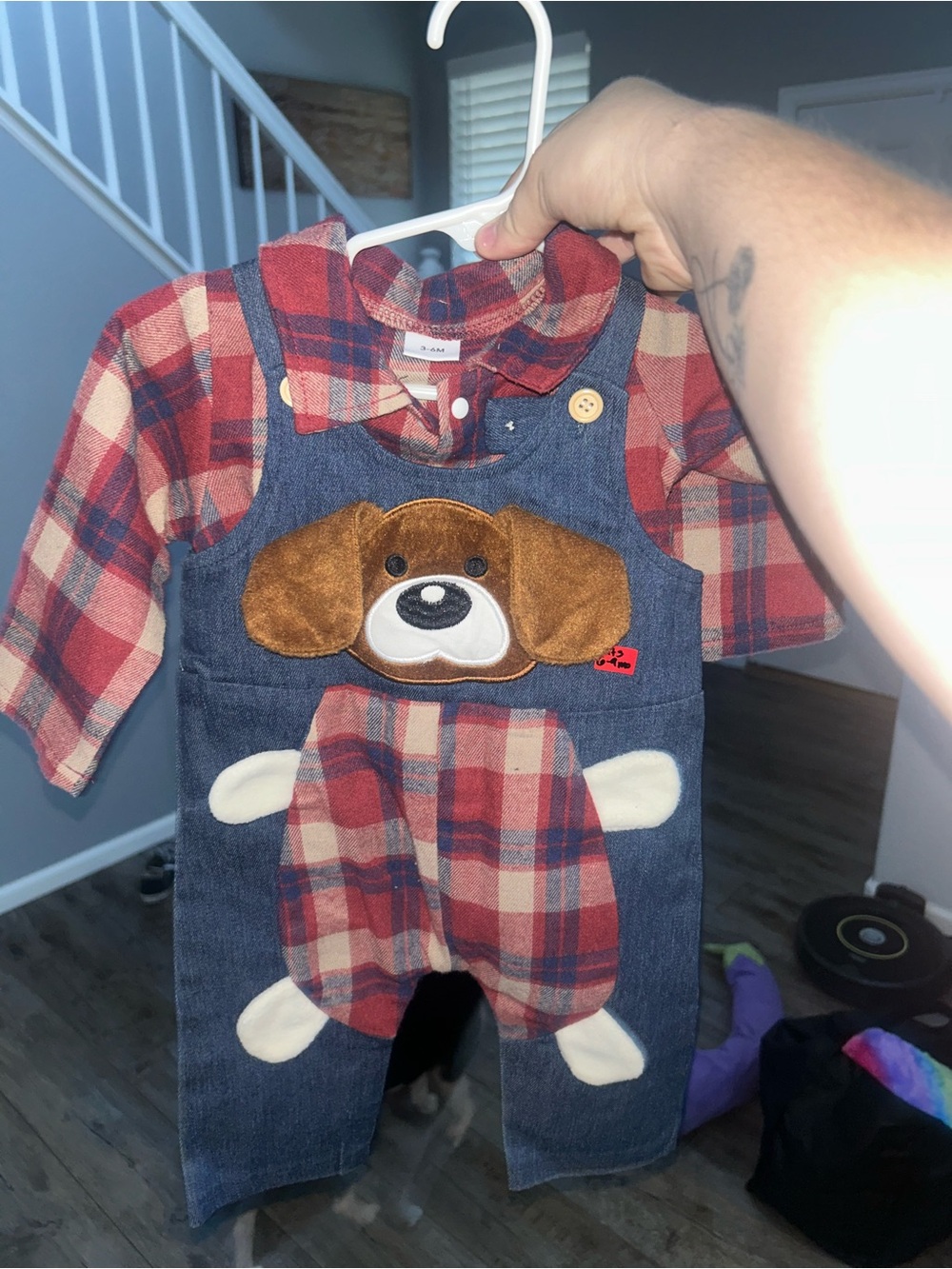 Plaid Red and Denim Puppy Overalls Set for Kids